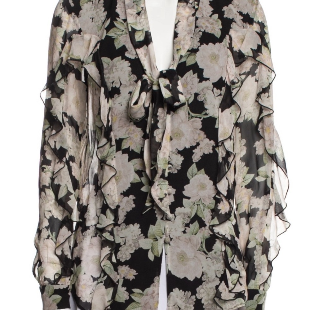 Nicholas Floral Silk Ruffle Tie-Neck Blouse (XS)